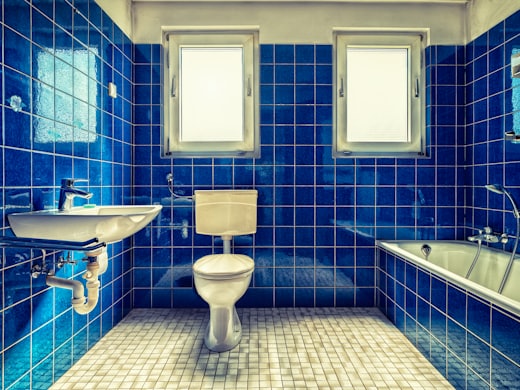 Alfama bathroom before renovation, original blue tile