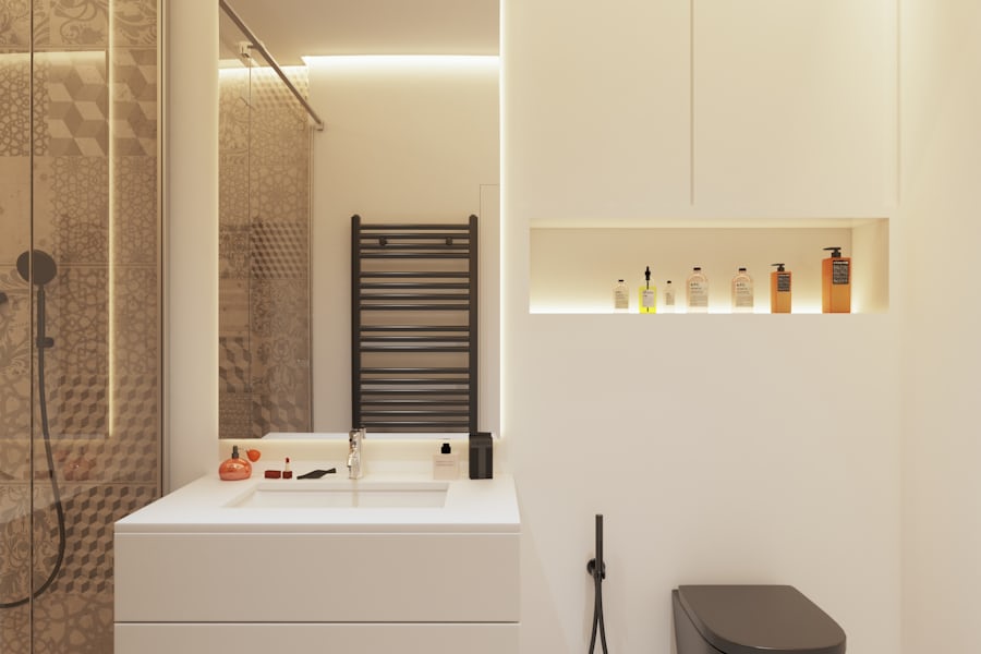 Tiled shower with the fall set across the whole floor
