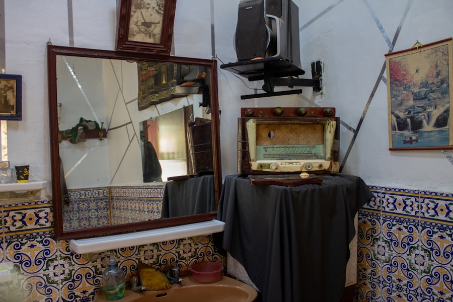 Original patterned tile and mirror kept in a restored room