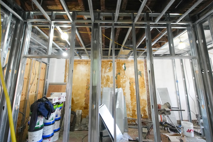New framing and ductwork set out before boarding